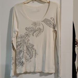 Eddie Bauer Cream and Gray Long Sleeve Tshirt L